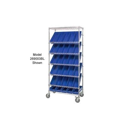 Easy Access Slant Shelf Chrome Wire Cart, 18 4H Shelf Bins BL, 36Lx18Wx74H